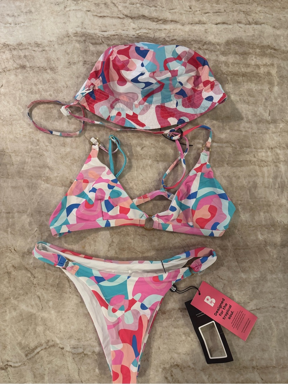 Blackbough Multicolor Pink Blue Abstract Triangle Bikini with Matching Hat